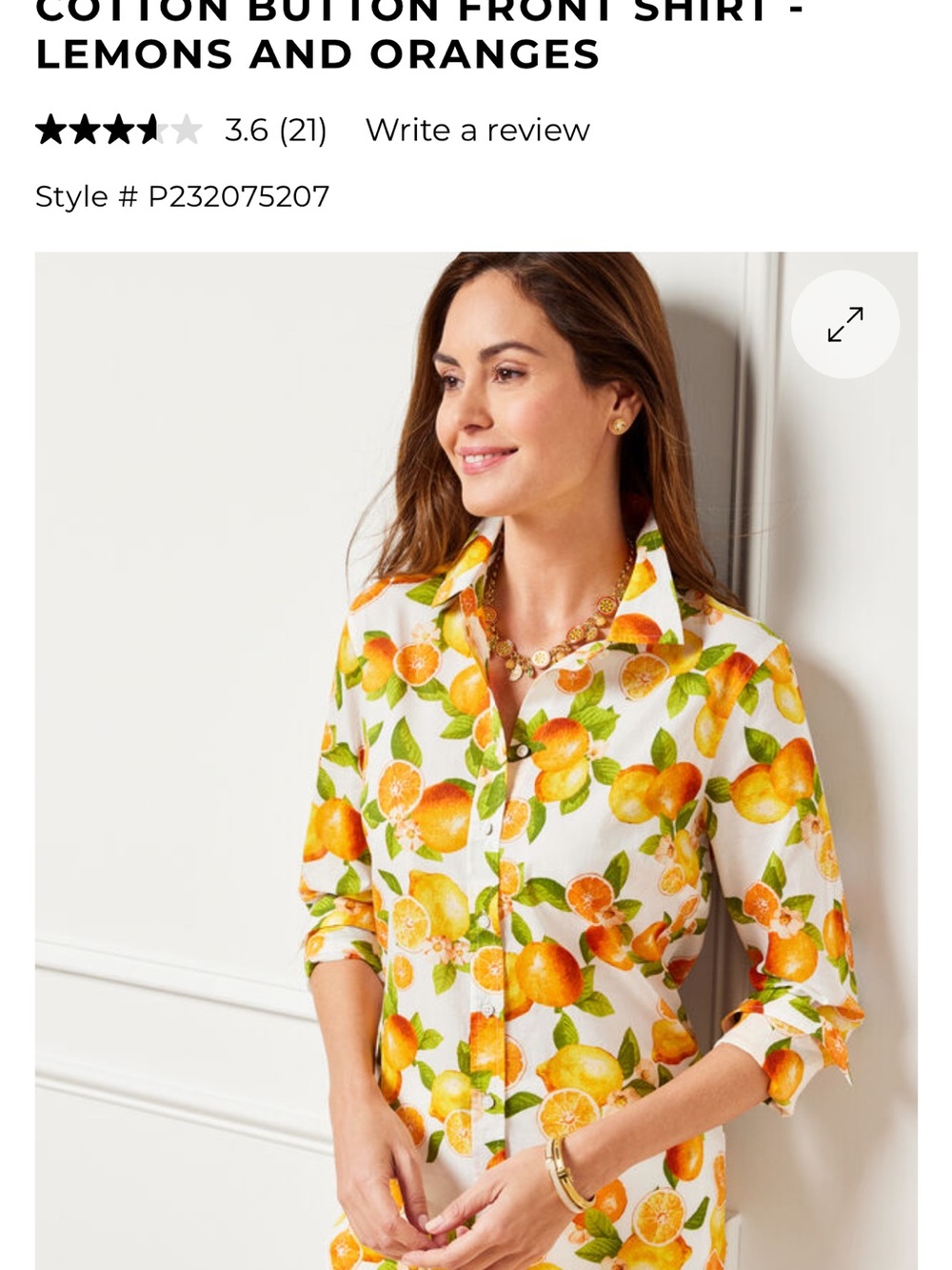 Talbots White Button-Down Shirt with Orange and Yellow Citrus Print